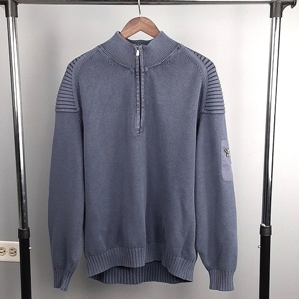 Tommy Bahama Cotton Perwinkle Blue Quarter Zip Side Arm Pocket Knit Sweater